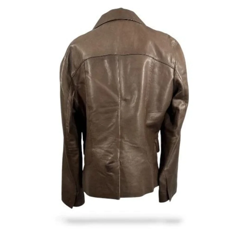Tahari Leather‎ Blazer Jacket Womens Size L Brown Button Up Long Sleeve Career